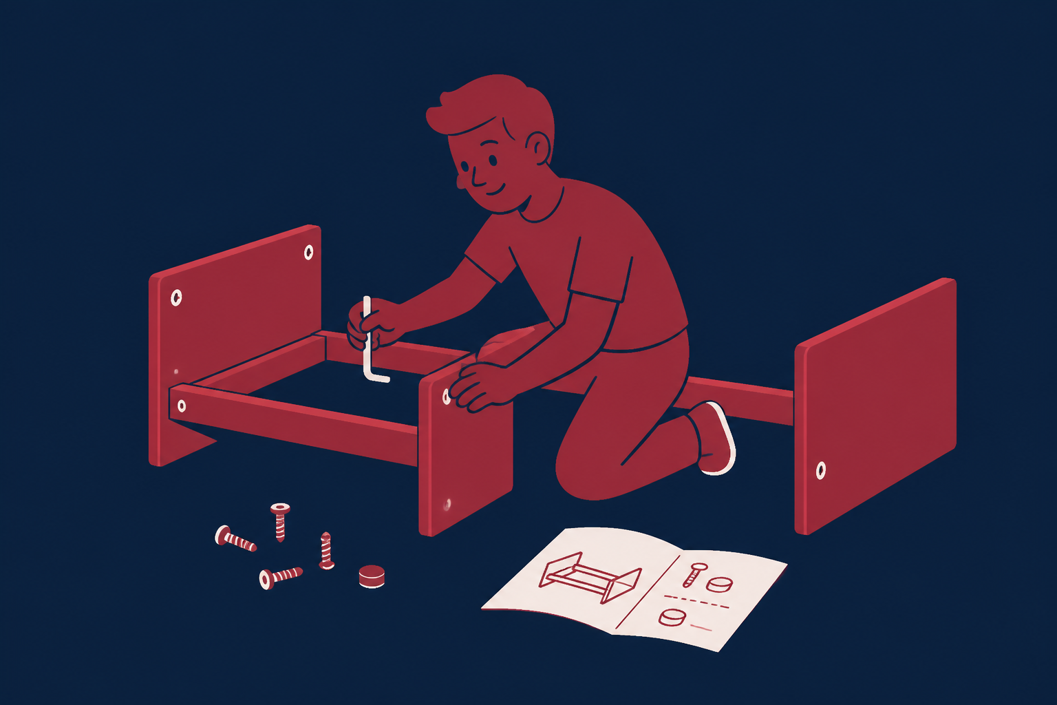 A Doerz technician assembling a bed frame with a hex wrench next to an instruction sheet