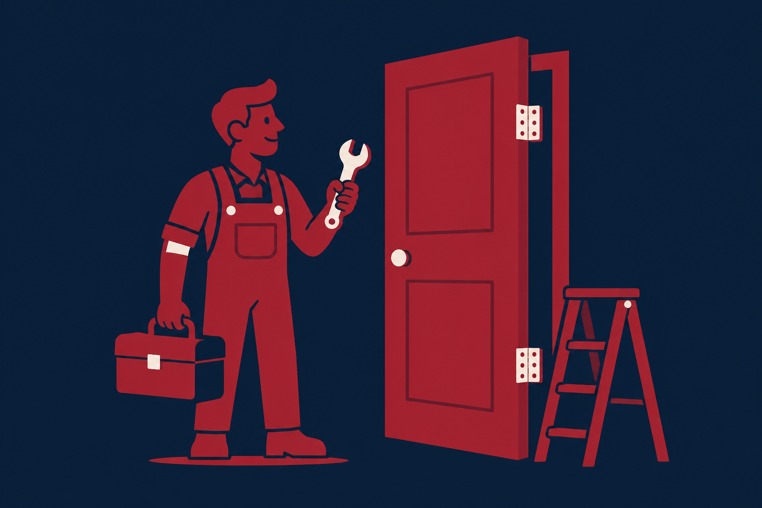 A Doerz handyman holding a toolbox and wrench beside a door and step ladder