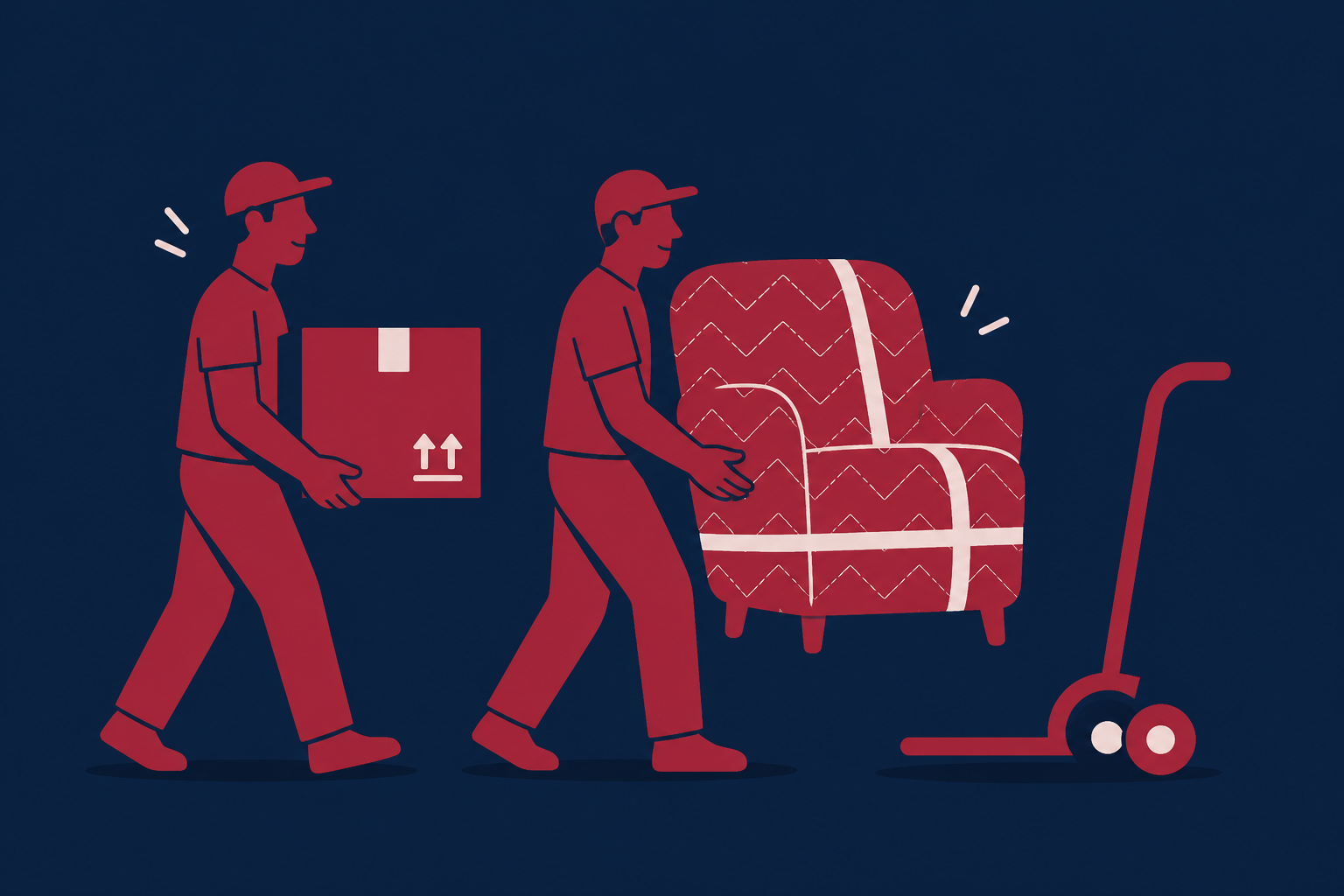 Two Doerz movers carrying a moving box and a wrapped armchair toward a dolly
