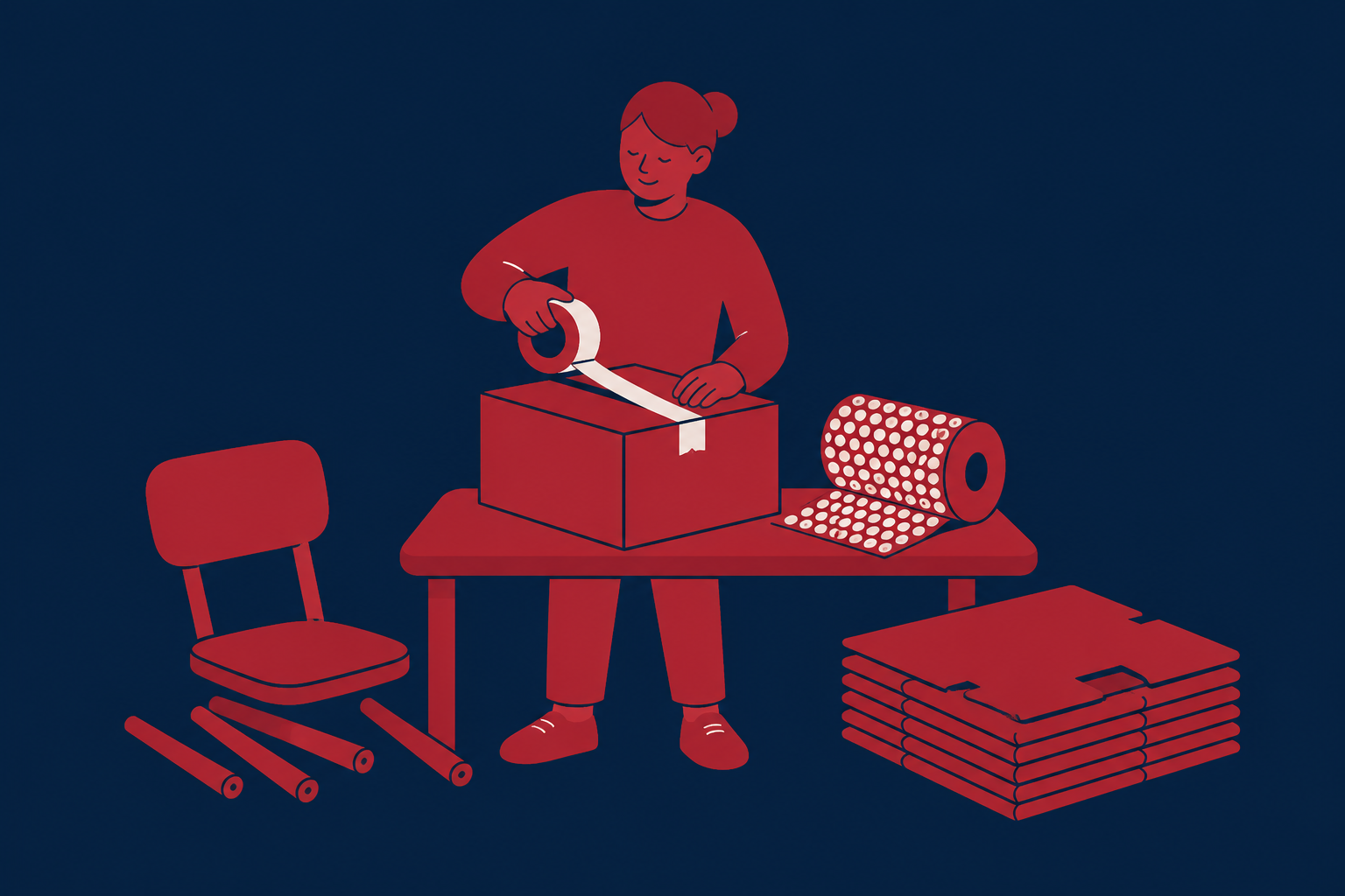 A person taping a moving box shut next to a disassembled chair and packing supplies